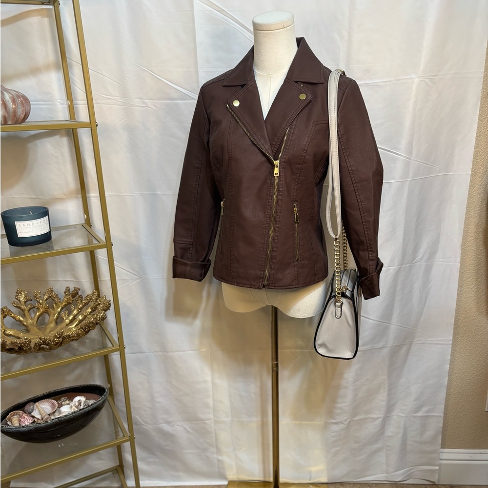BACCINI Brown Faux‎ Leather Moto Jacket Gold Hardware | Size PS